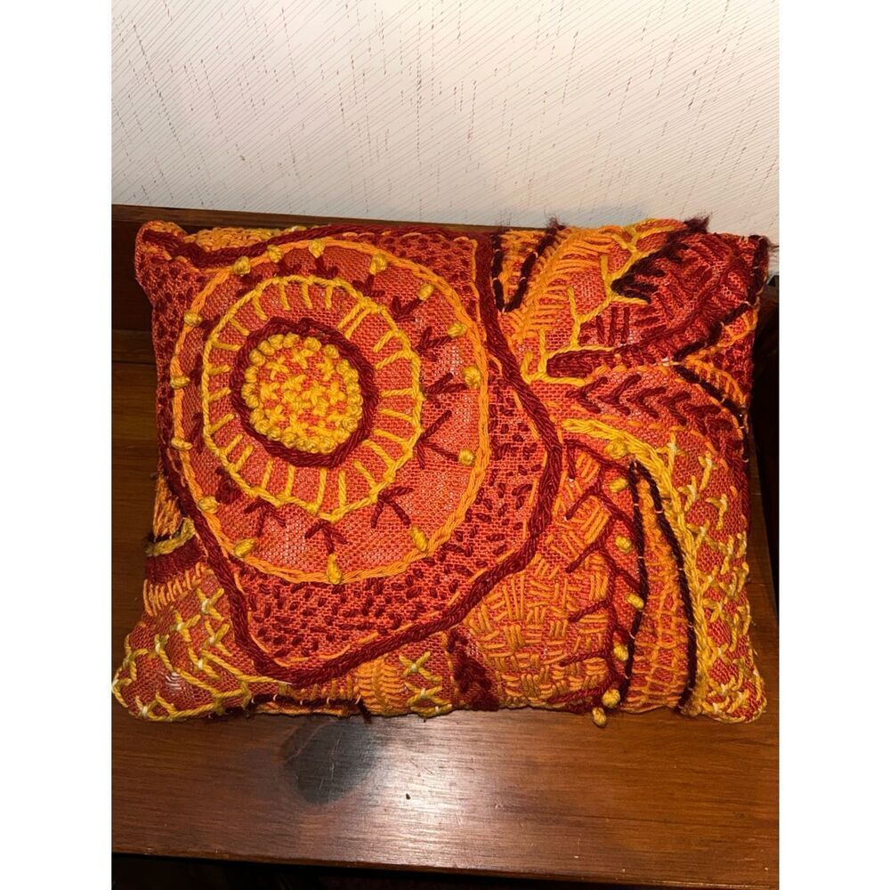 Vintage Handmade Embroidered Burlap Decorative Accent Pillow